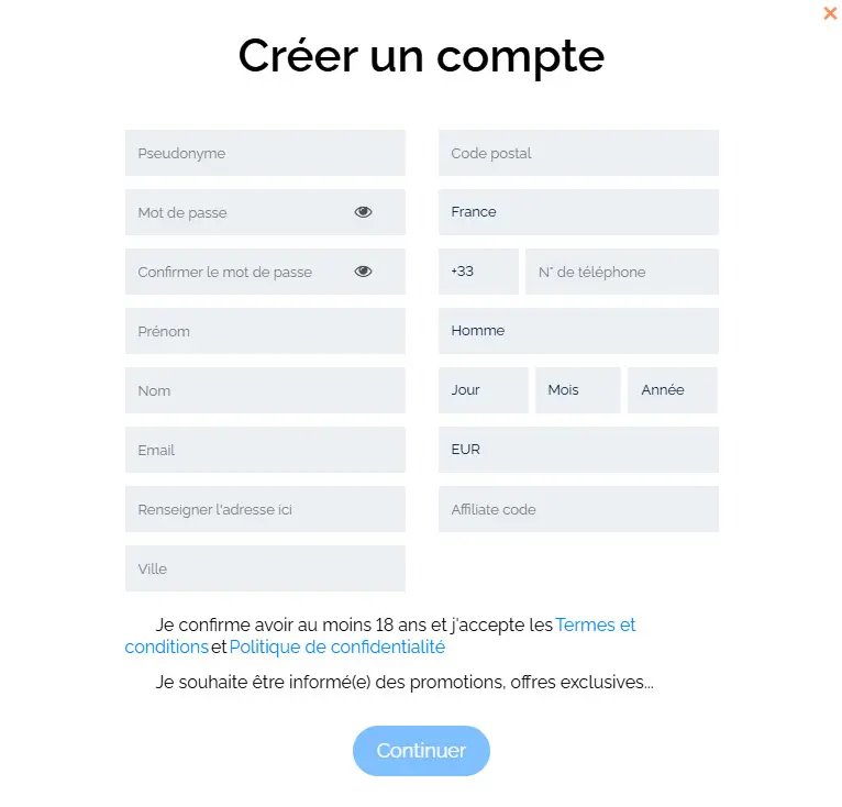 Processus d'inscription Happy Hugo Casino